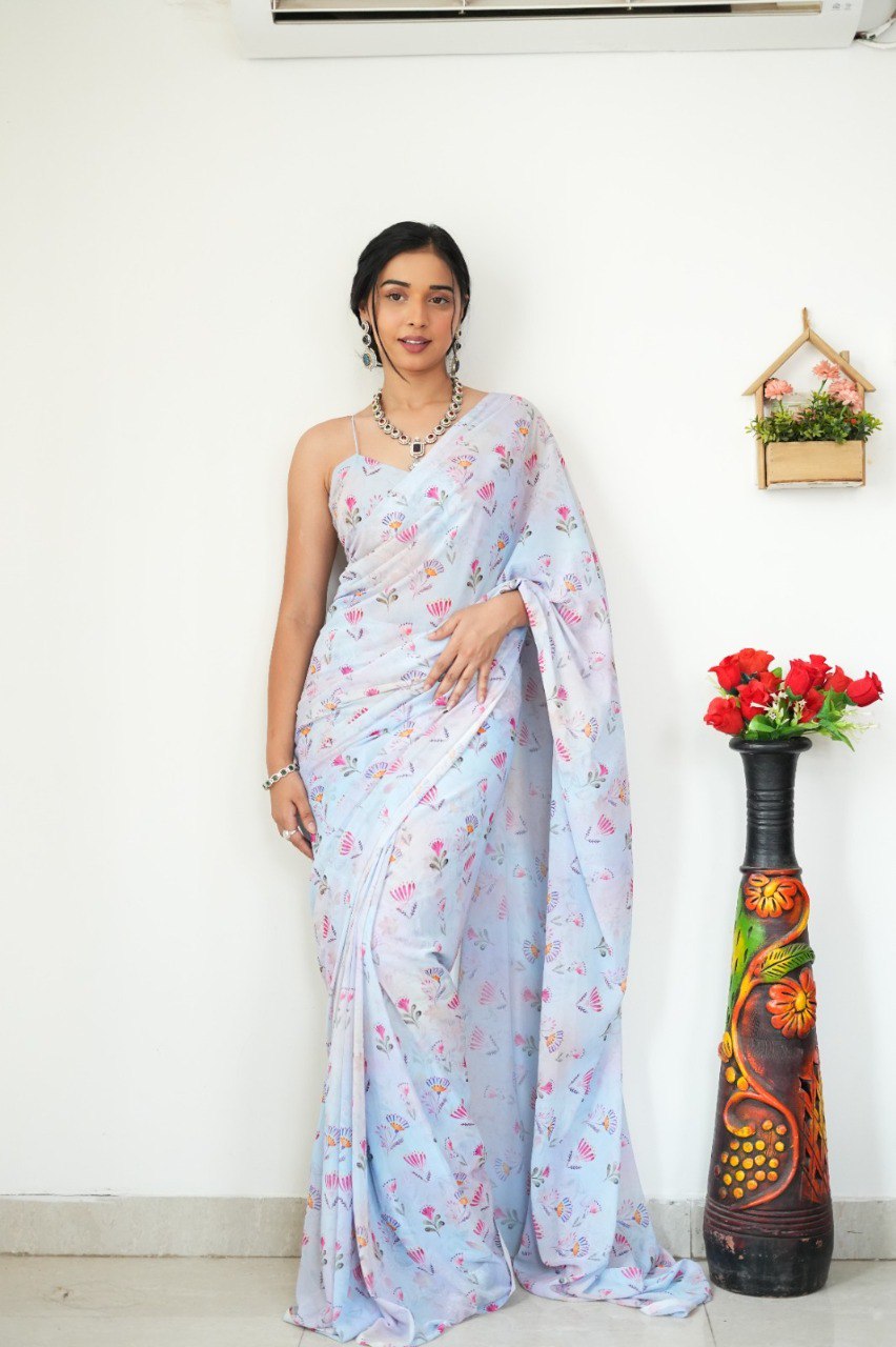 Floral Digital Print Georgette Ready-to-Wear Saree with Satin Silk Blouse