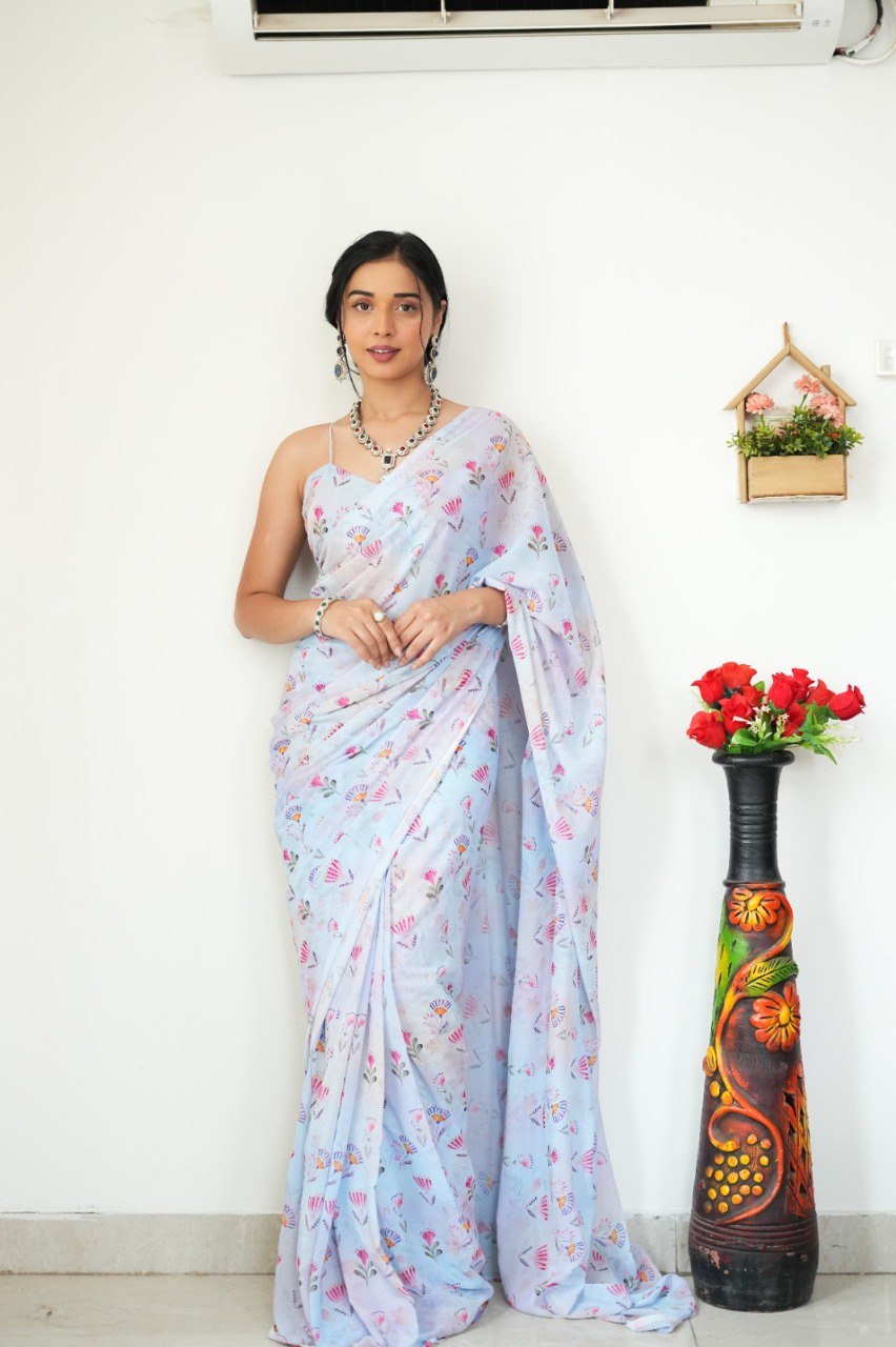 Floral Digital Print Georgette Ready-to-Wear Saree with Satin Silk Blouse