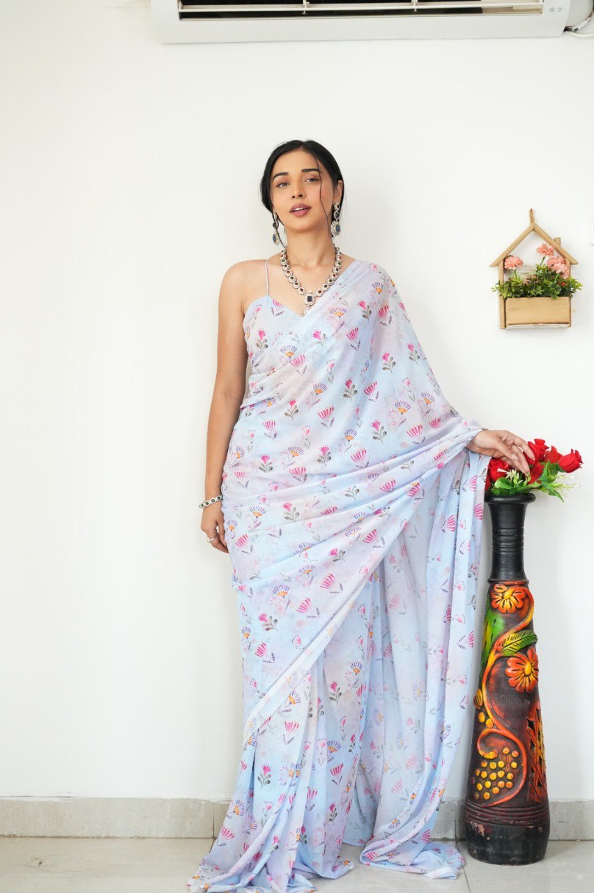 Floral Digital Print Georgette Ready-to-Wear Saree with Satin Silk Blouse