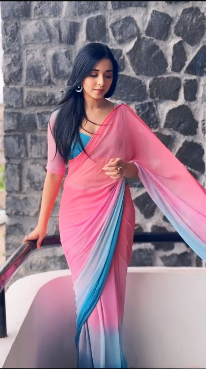 Pink & Blue Ombre Georgette Ready-to-Wear Saree with Matching Blouse Piece