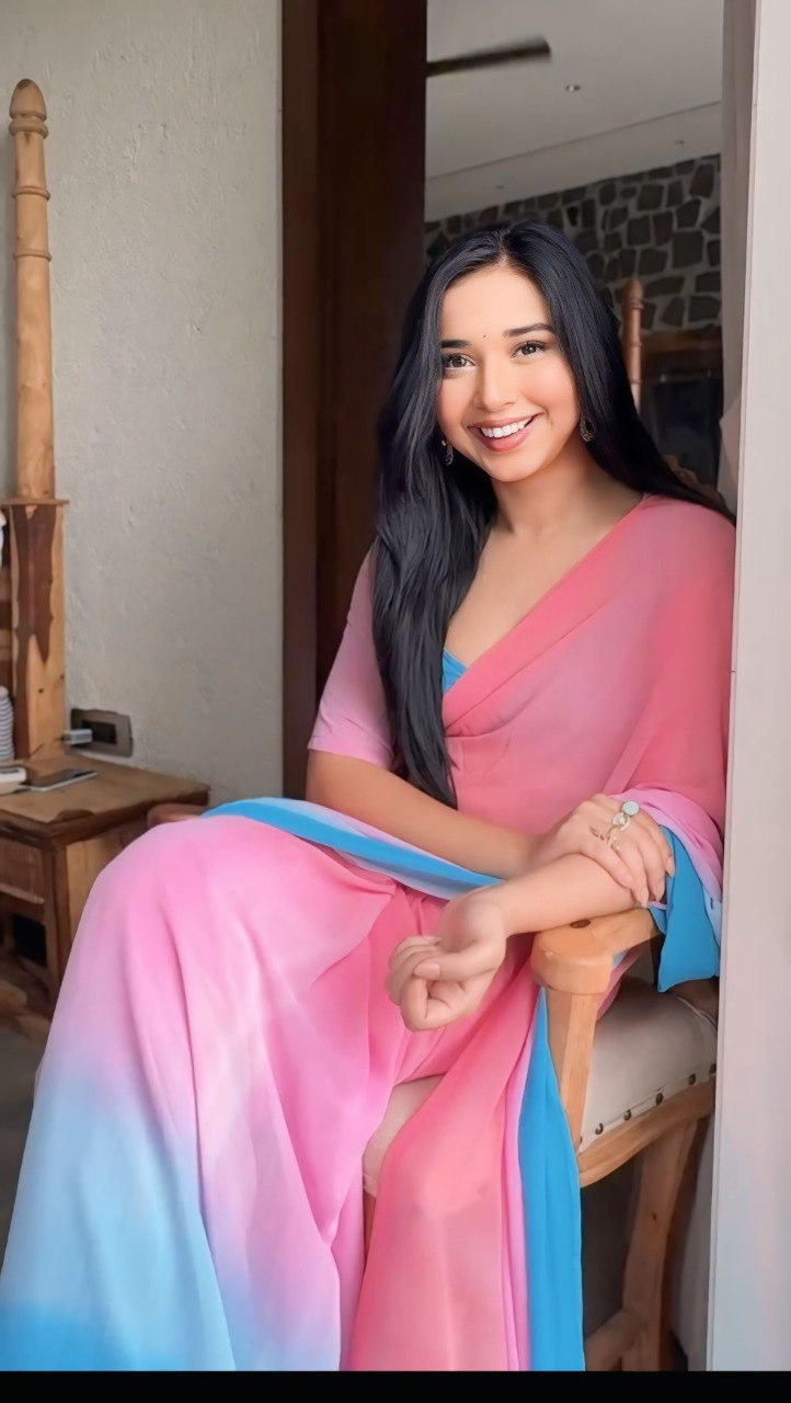 Pink & Blue Ombre Georgette Ready-to-Wear Saree with Matching Blouse Piece