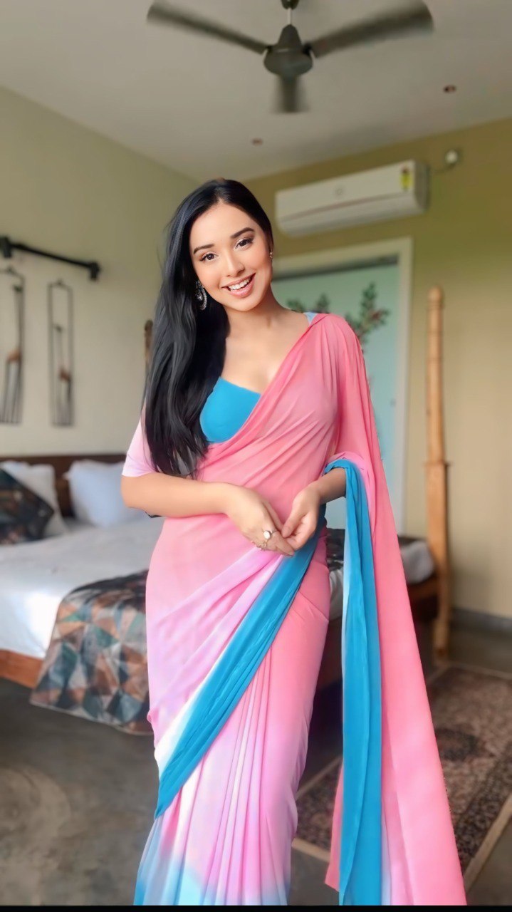 Pink & Blue Ombre Georgette Ready-to-Wear Saree with Matching Blouse Piece