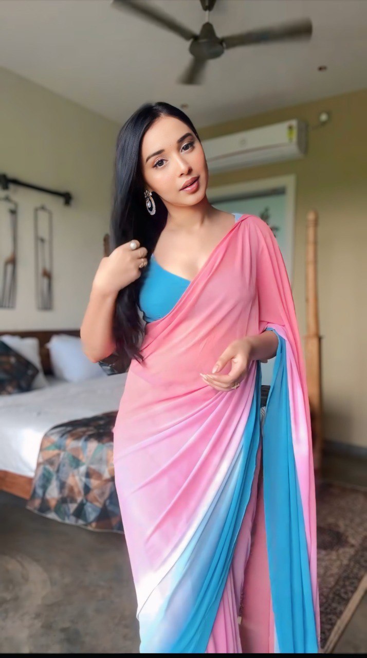Pink & Blue Ombre Georgette Ready-to-Wear Saree with Matching Blouse Piece
