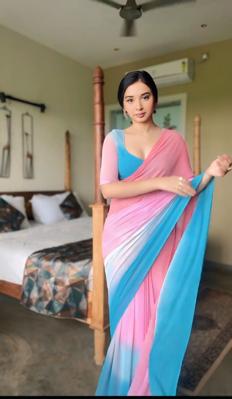 Pink & Blue Ombre Georgette Ready-to-Wear Saree with Matching Blouse Piece