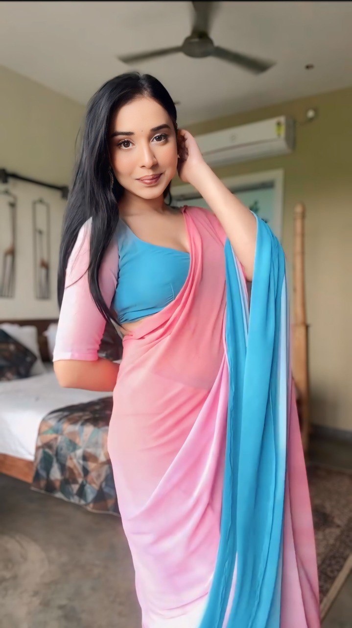 Pink & Blue Ombre Georgette Ready-to-Wear Saree with Matching Blouse Piece