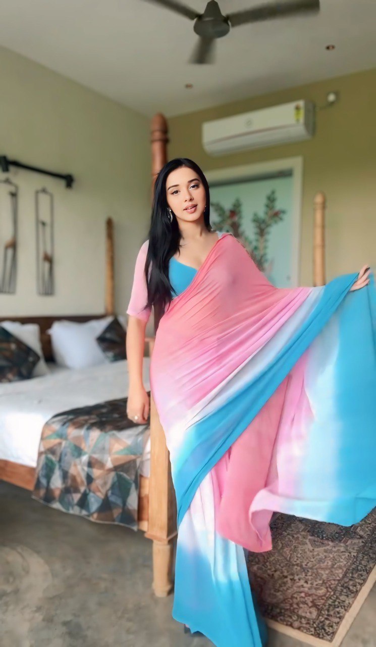 Pink & Blue Ombre Georgette Ready-to-Wear Saree with Matching Blouse Piece