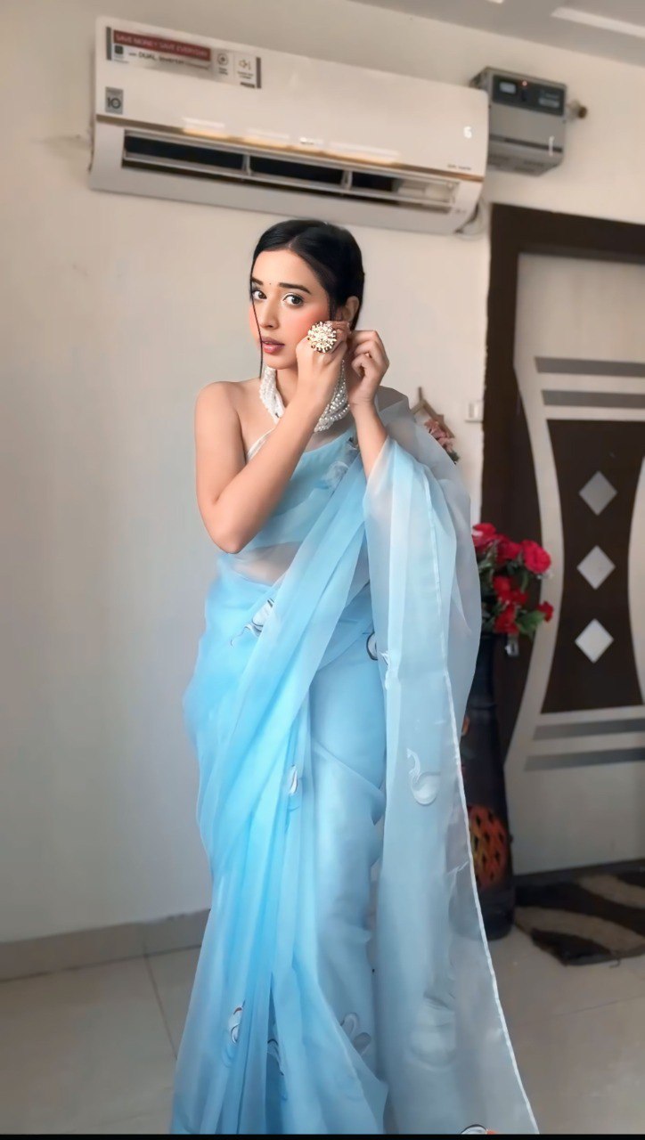 Sky Blue Organza Printed Saree with Matching Organza Blouse Piece