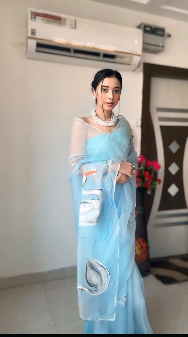 Sky Blue Organza Printed Saree with Matching Organza Blouse Piece