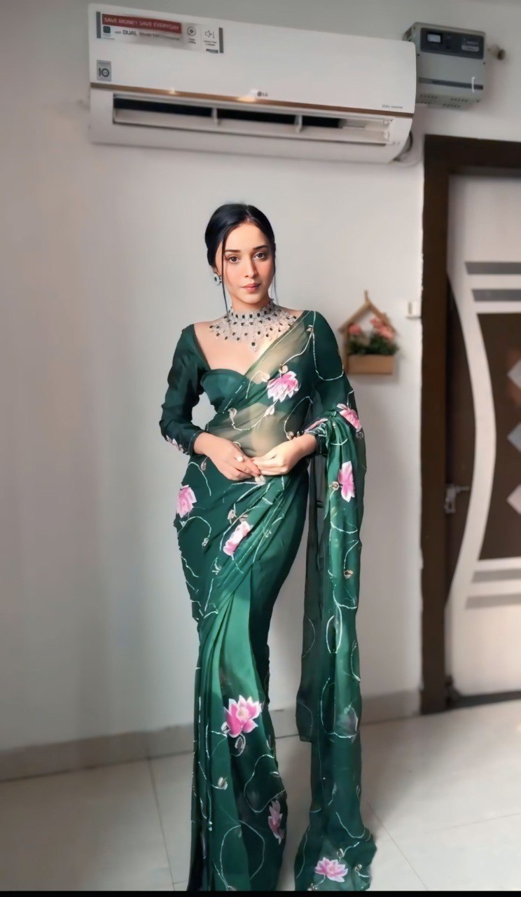 Bottle Green Organza Printed Saree with Matching Organza Blouse Piece
