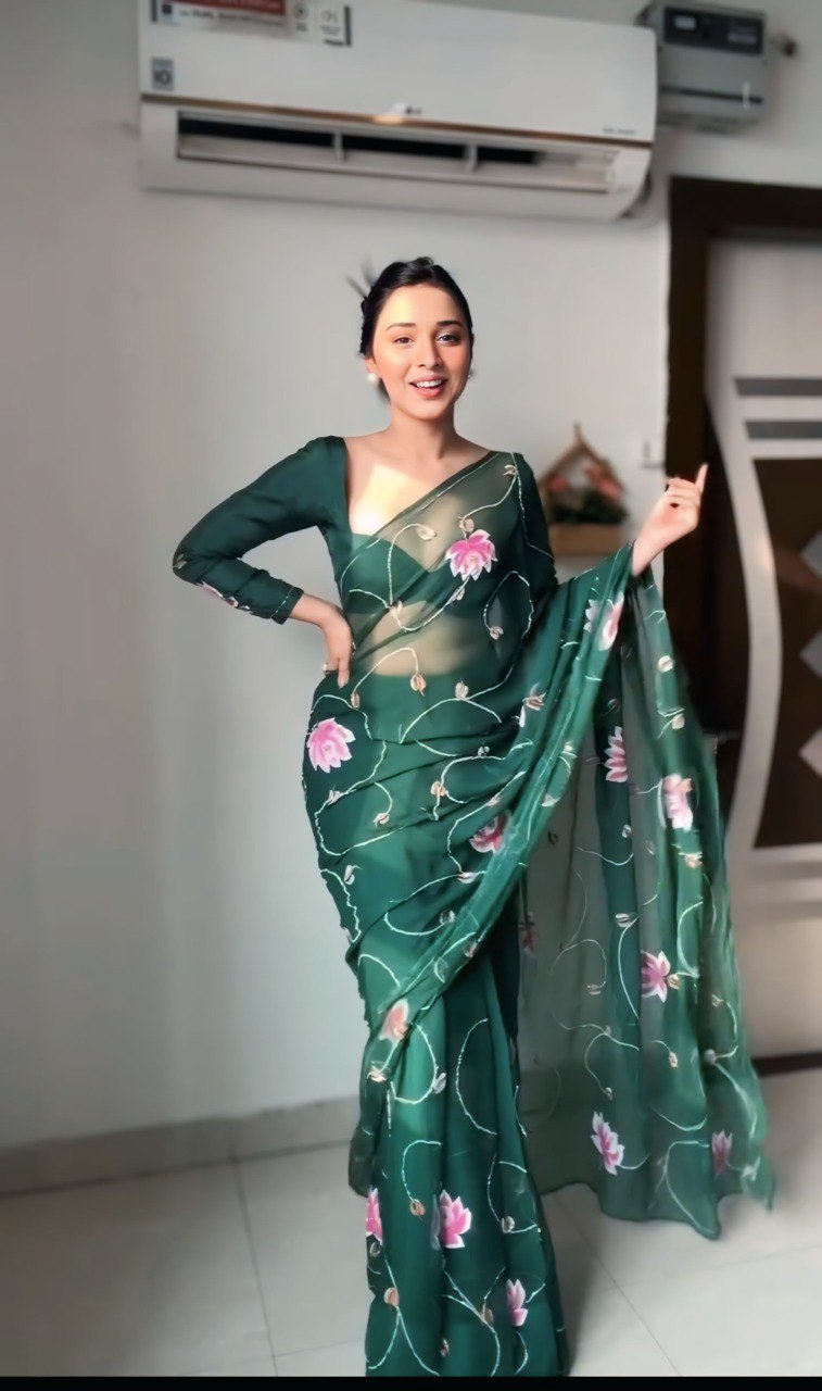 Bottle Green Organza Printed Saree with Matching Organza Blouse Piece
