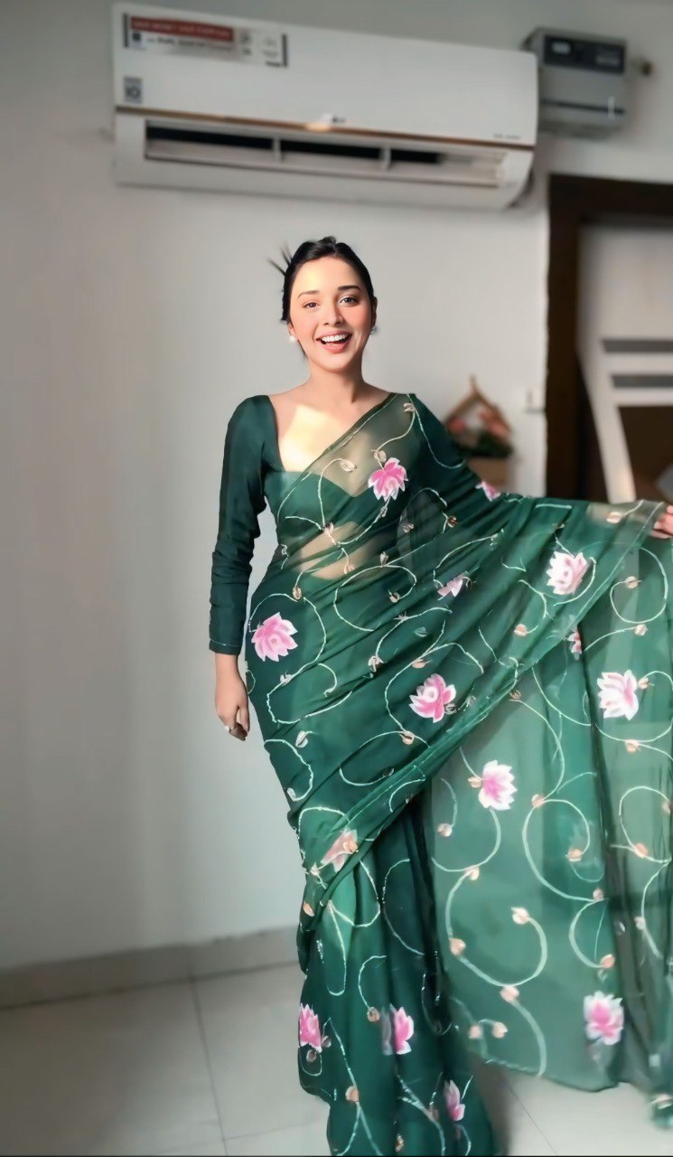 Bottle Green Organza Printed Saree with Matching Organza Blouse Piece