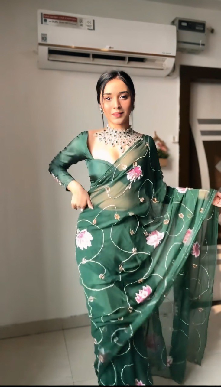 Bottle Green Organza Printed Saree with Matching Organza Blouse Piece