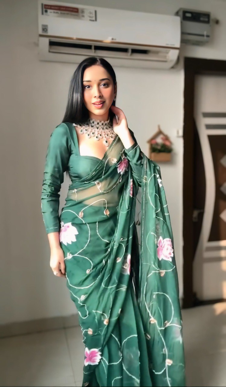 Bottle Green Organza Printed Saree with Matching Organza Blouse Piece