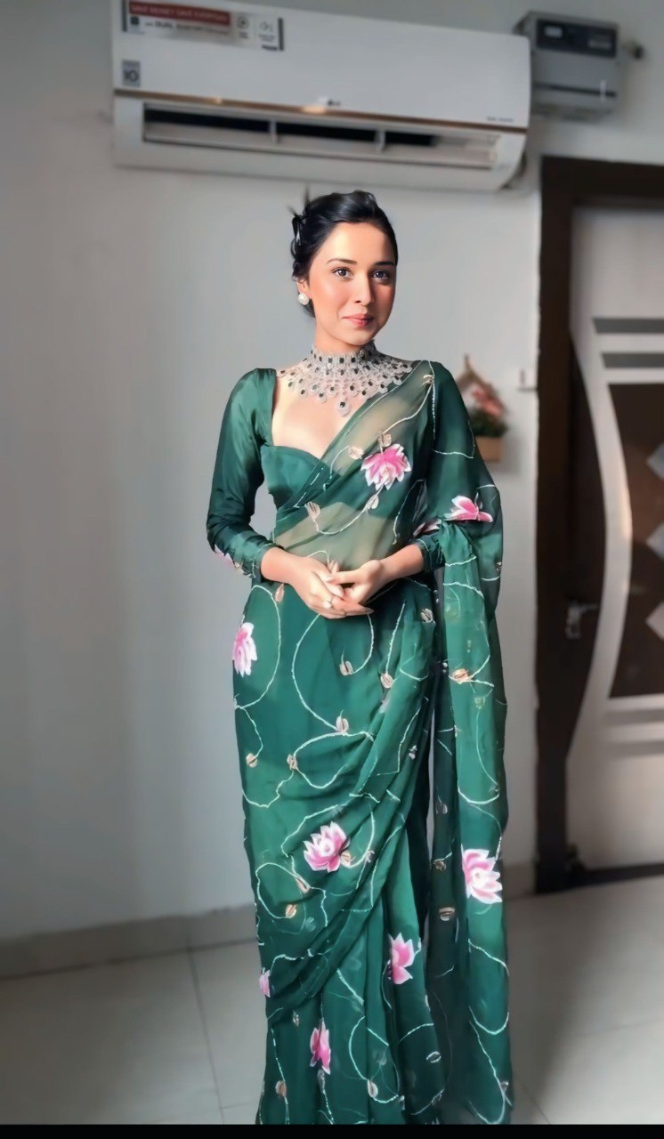Bottle Green Organza Printed Saree with Matching Organza Blouse Piece