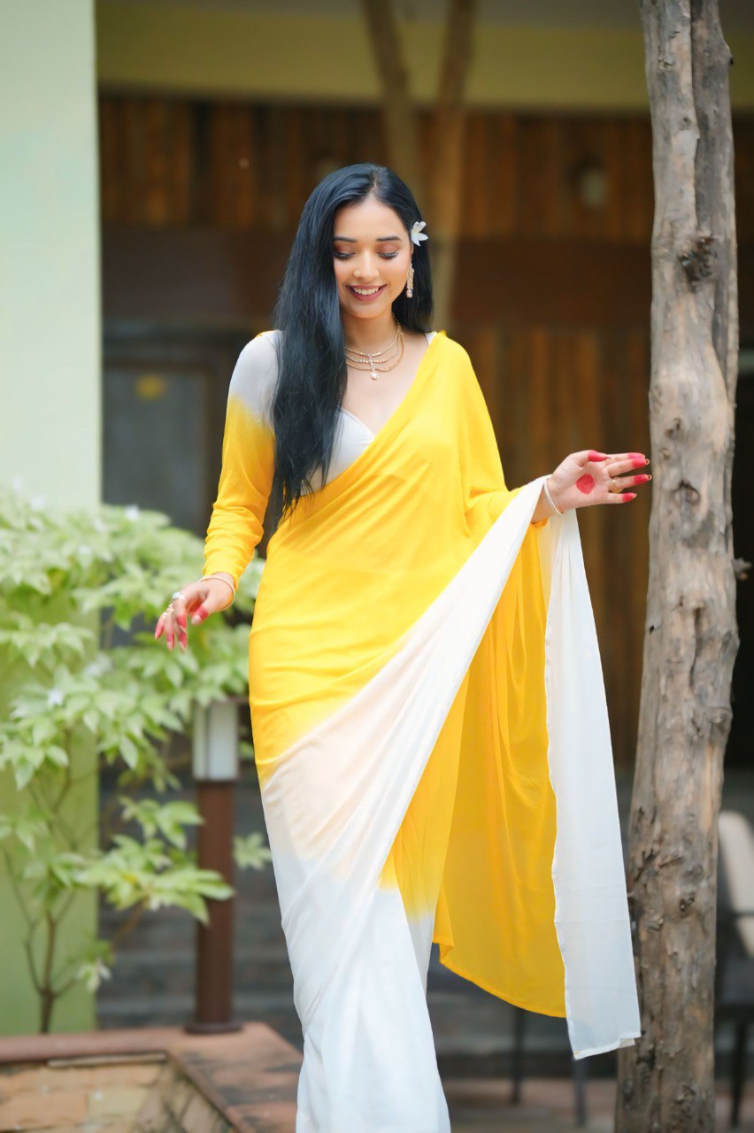 Yellow & White Georgette Printed Saree with Matching Blouse Piece