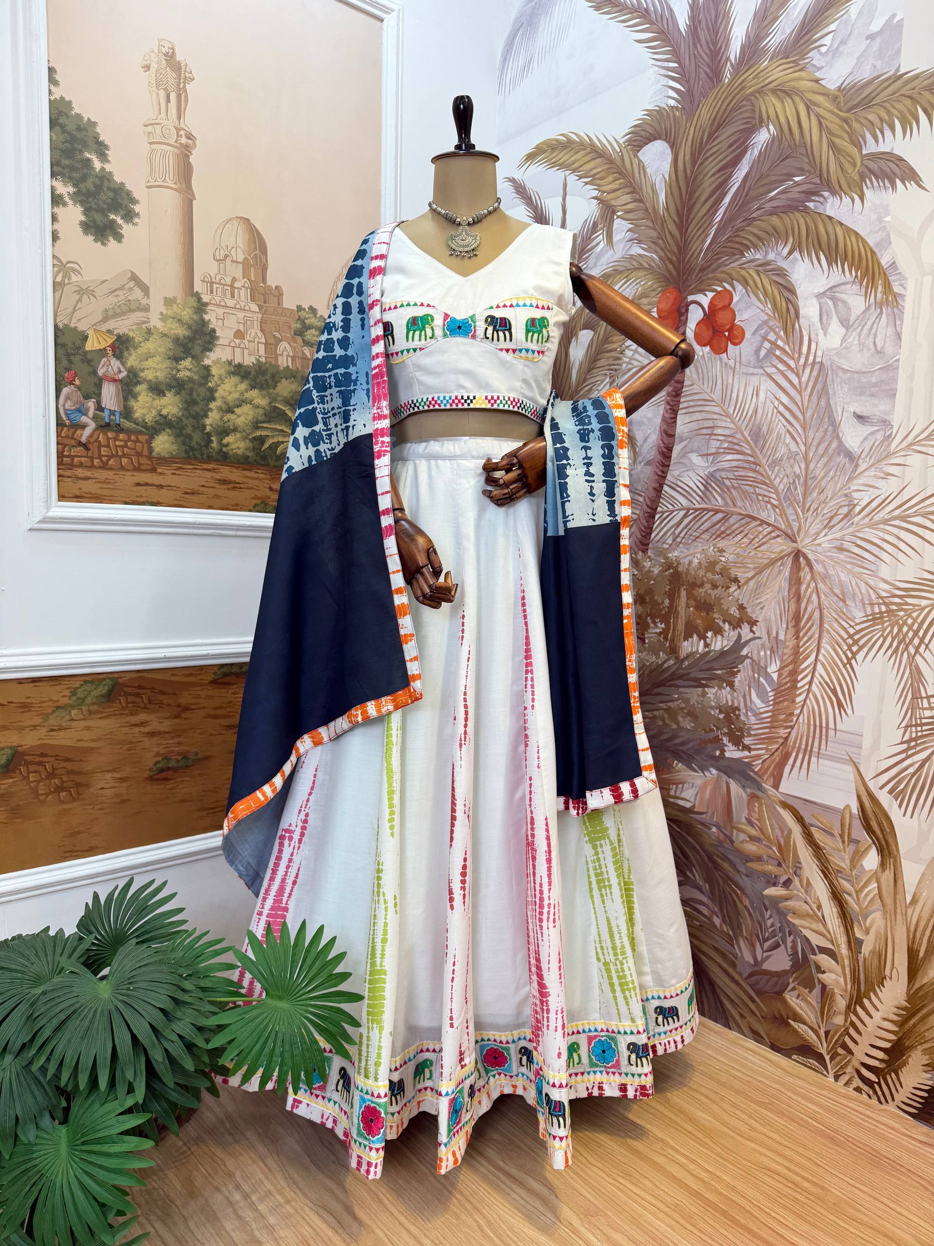 Pure Cotton Shibori Lehenga Choli with Dupatta – Premium Embroidery & Mirror Work Set