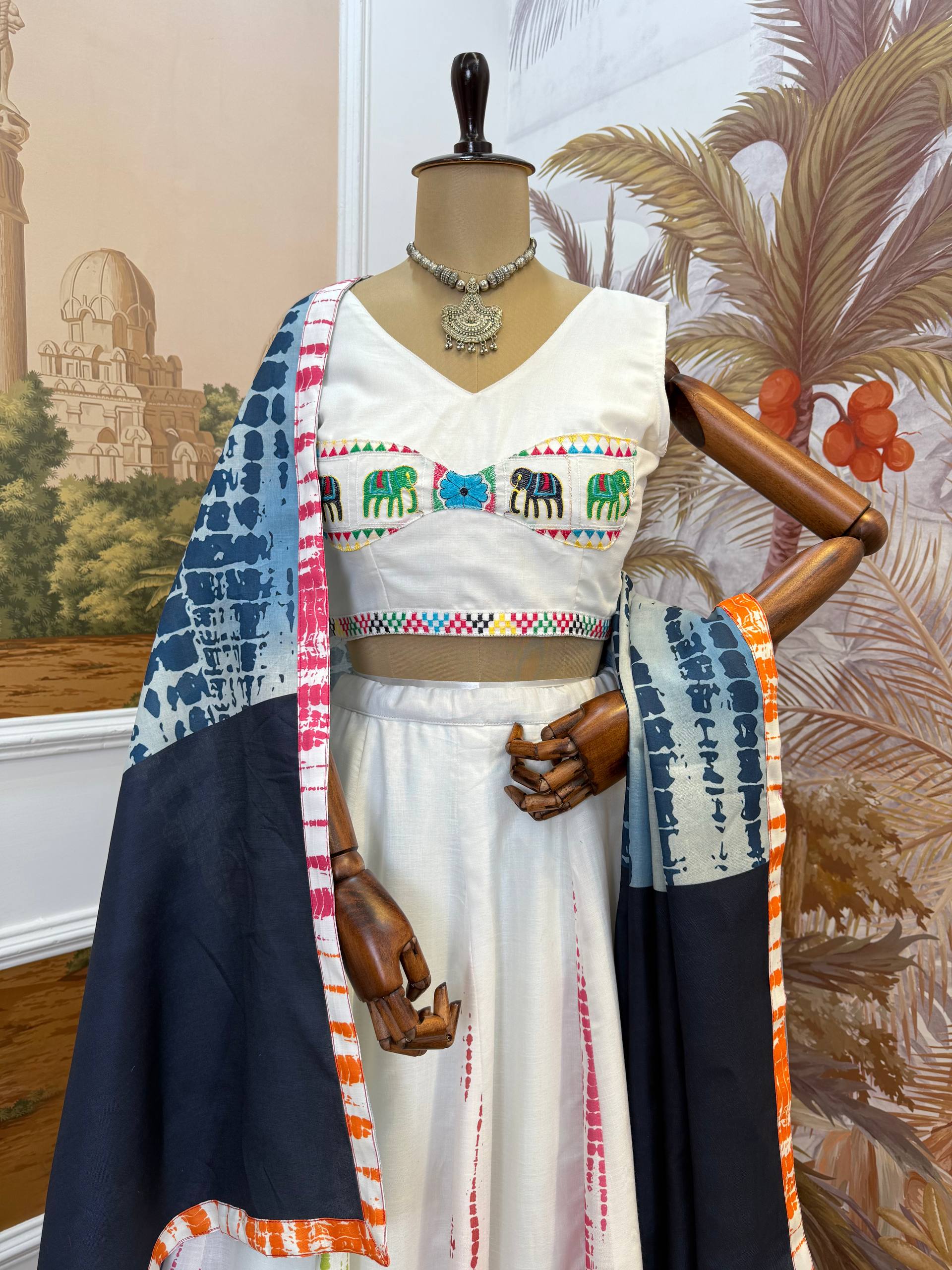 Pure Cotton Shibori Lehenga Choli with Dupatta – Premium Embroidery & Mirror Work Set