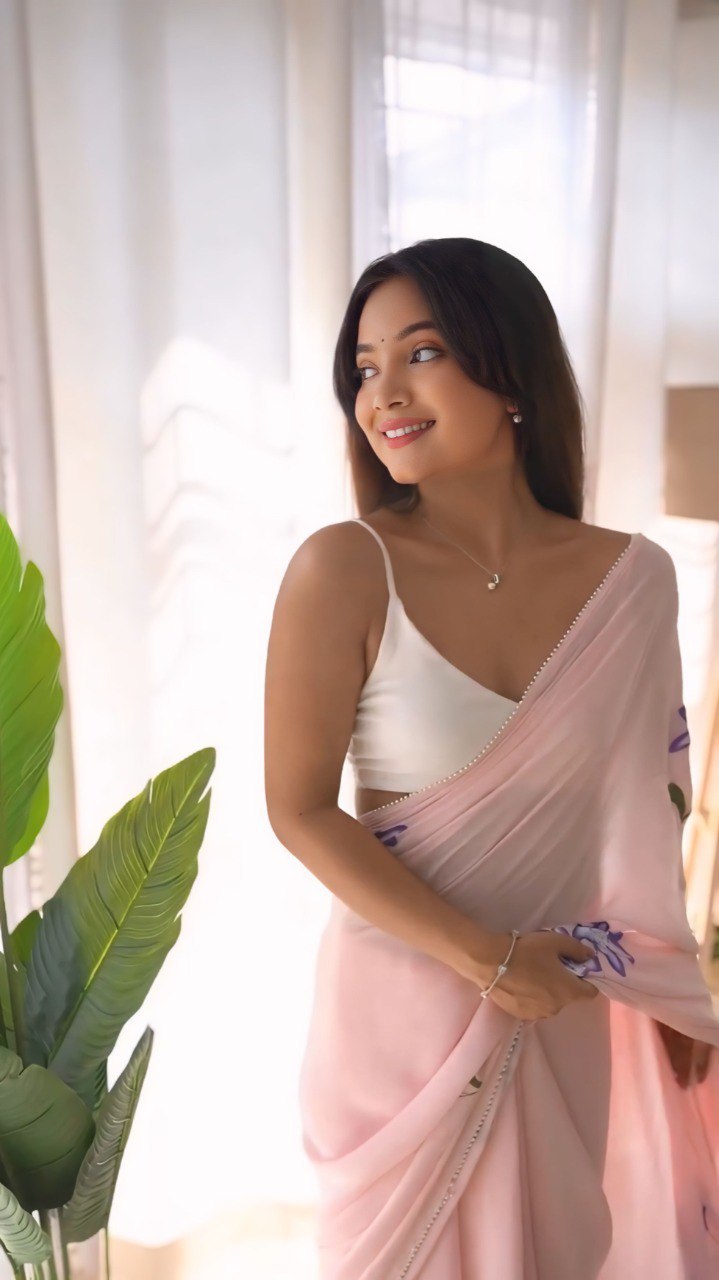 Pink Floral Printed Georgette Ready-to-Wear Saree with Matching Blouse Piece