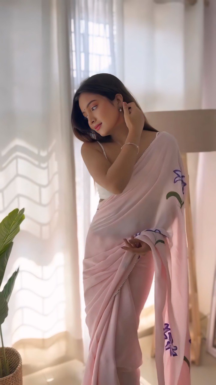 Pink Floral Printed Georgette Ready-to-Wear Saree with Matching Blouse Piece