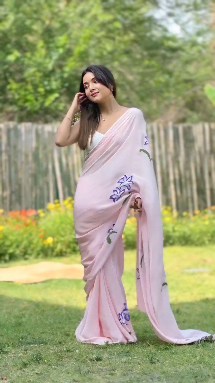 Pink Floral Printed Georgette Ready-to-Wear Saree with Matching Blouse Piece