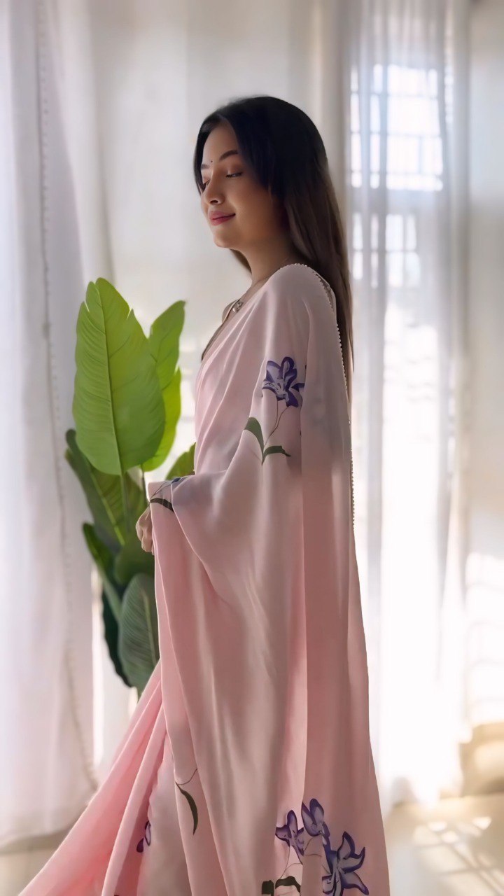 Pink Floral Printed Georgette Ready-to-Wear Saree with Matching Blouse Piece