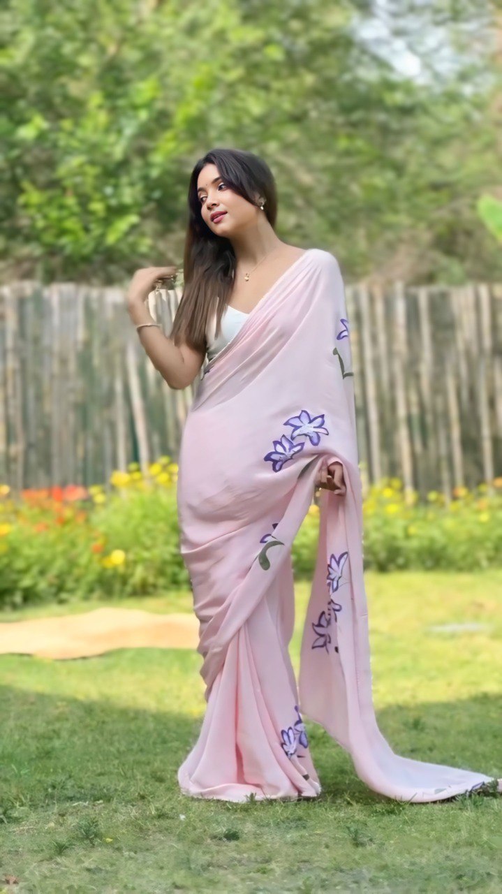 Pink Floral Printed Georgette Ready-to-Wear Saree with Matching Blouse Piece