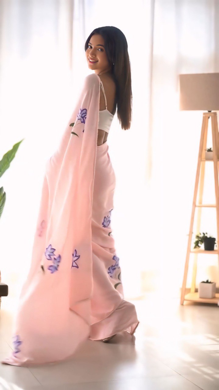 Pink Floral Printed Georgette Ready-to-Wear Saree with Matching Blouse Piece