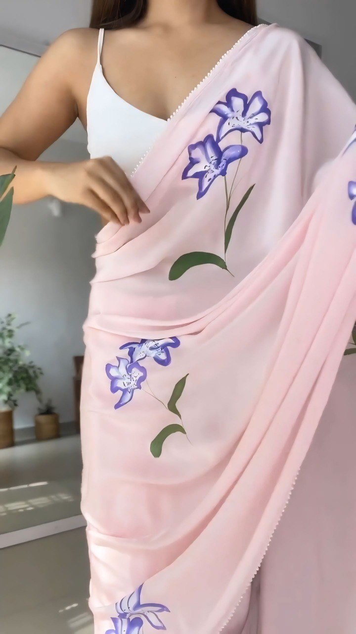 Pink Floral Printed Georgette Ready-to-Wear Saree with Matching Blouse Piece
