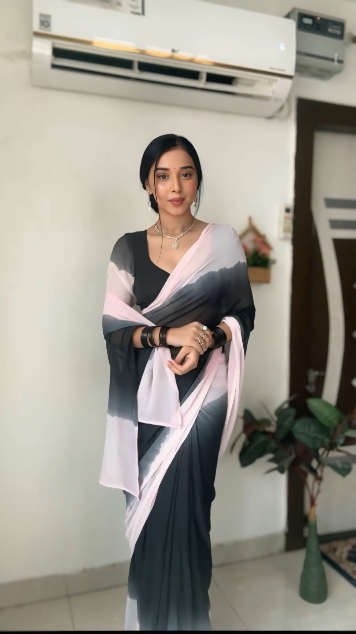 Black & Pink Ombre Printed Georgette Ready-to-Wear Saree with Blouse Piece