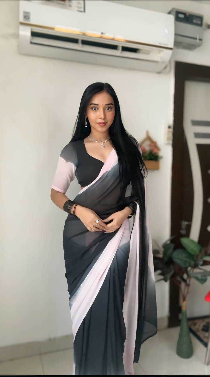 Black & Pink Ombre Printed Georgette Ready-to-Wear Saree with Blouse Piece