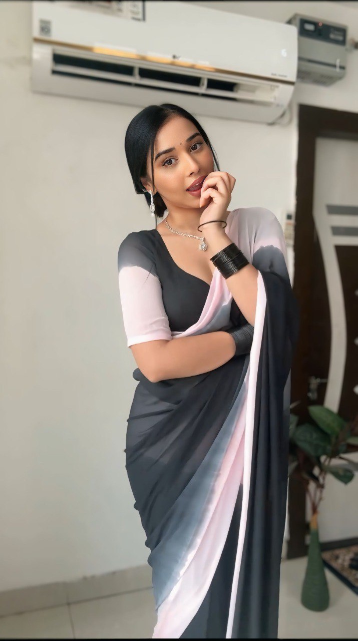 Black & Pink Ombre Printed Georgette Ready-to-Wear Saree with Blouse Piece