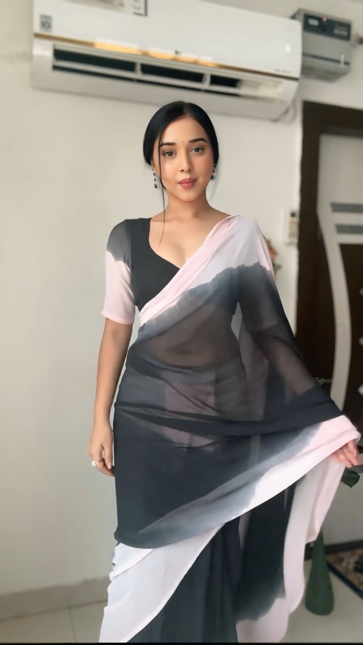 Black & Pink Ombre Printed Georgette Ready-to-Wear Saree with Blouse Piece