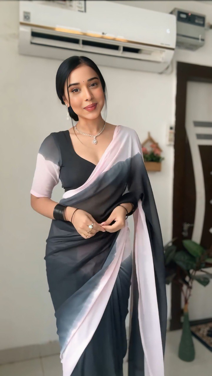 Black & Pink Ombre Printed Georgette Ready-to-Wear Saree with Blouse Piece