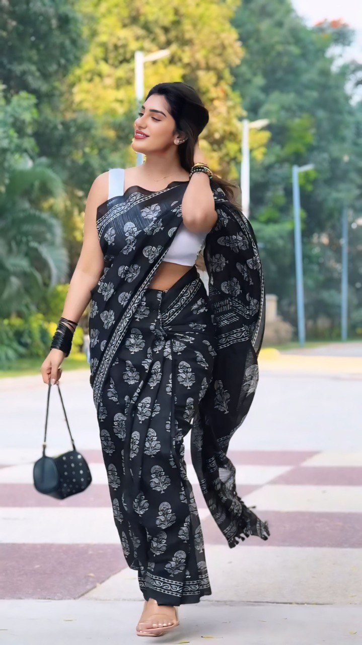 Black Printed Cotton Ready-to-Wear Saree with White Blouse Piece
