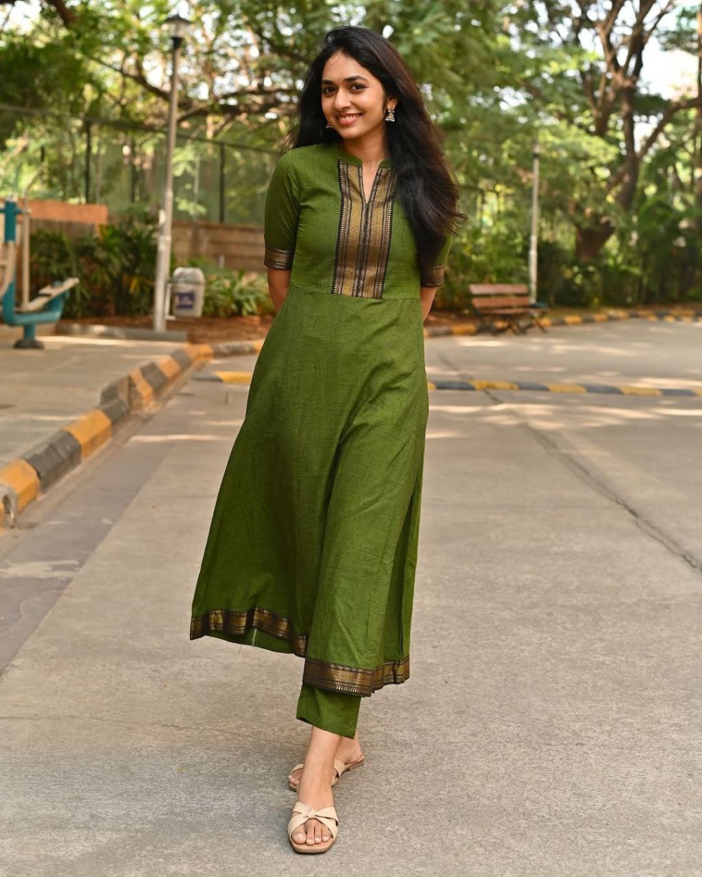 Shivangi Olive Green Pure Chanderi Suit Set With Jacquard Weaving & Matching Pants