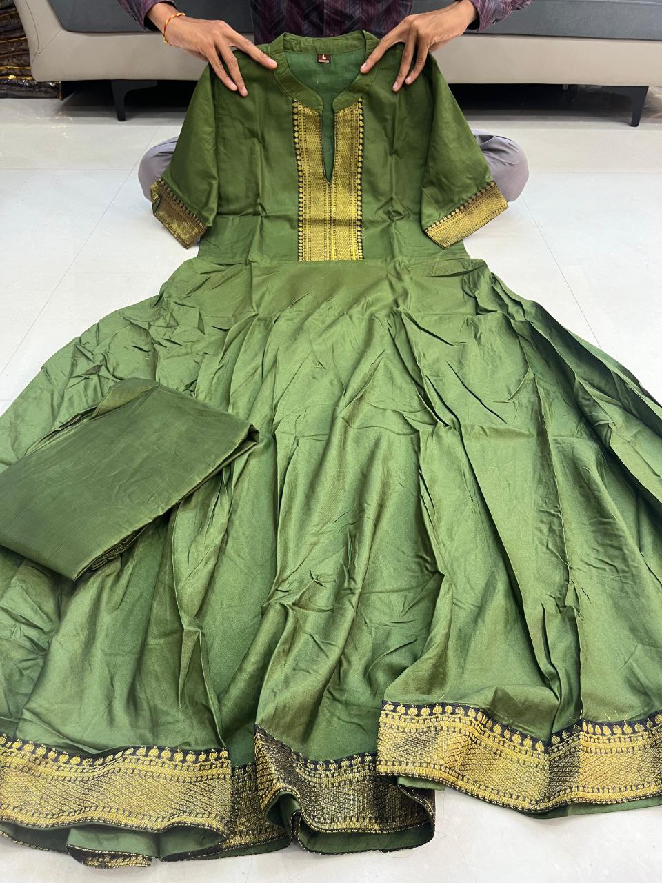 Shivangi Olive Green Pure Chanderi Suit Set With Jacquard Weaving & Matching Pants