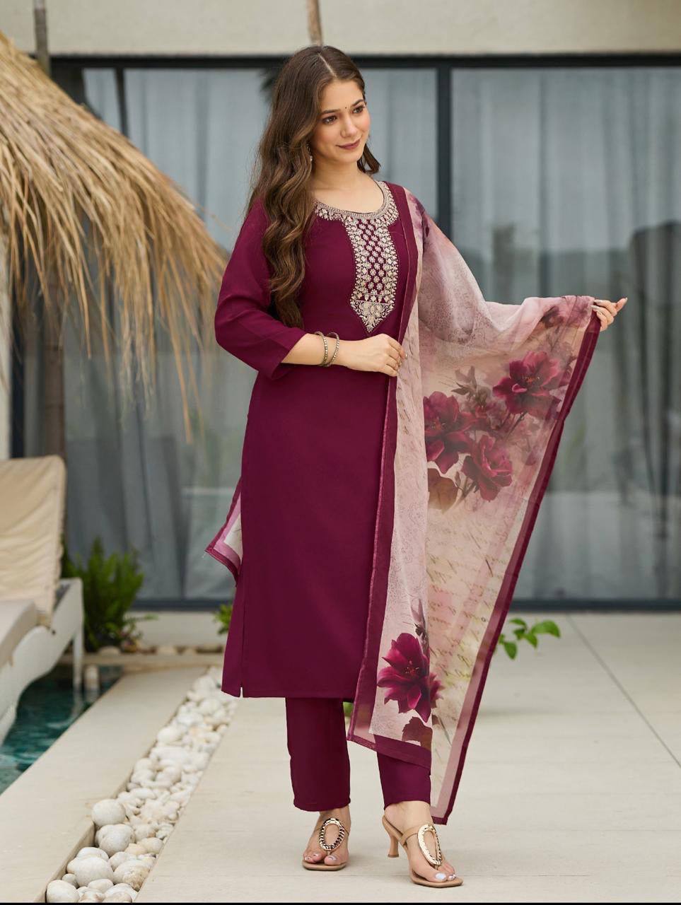 Premium Rayon Embroidered Suit Set with Tabby Silk Digital Dupatta