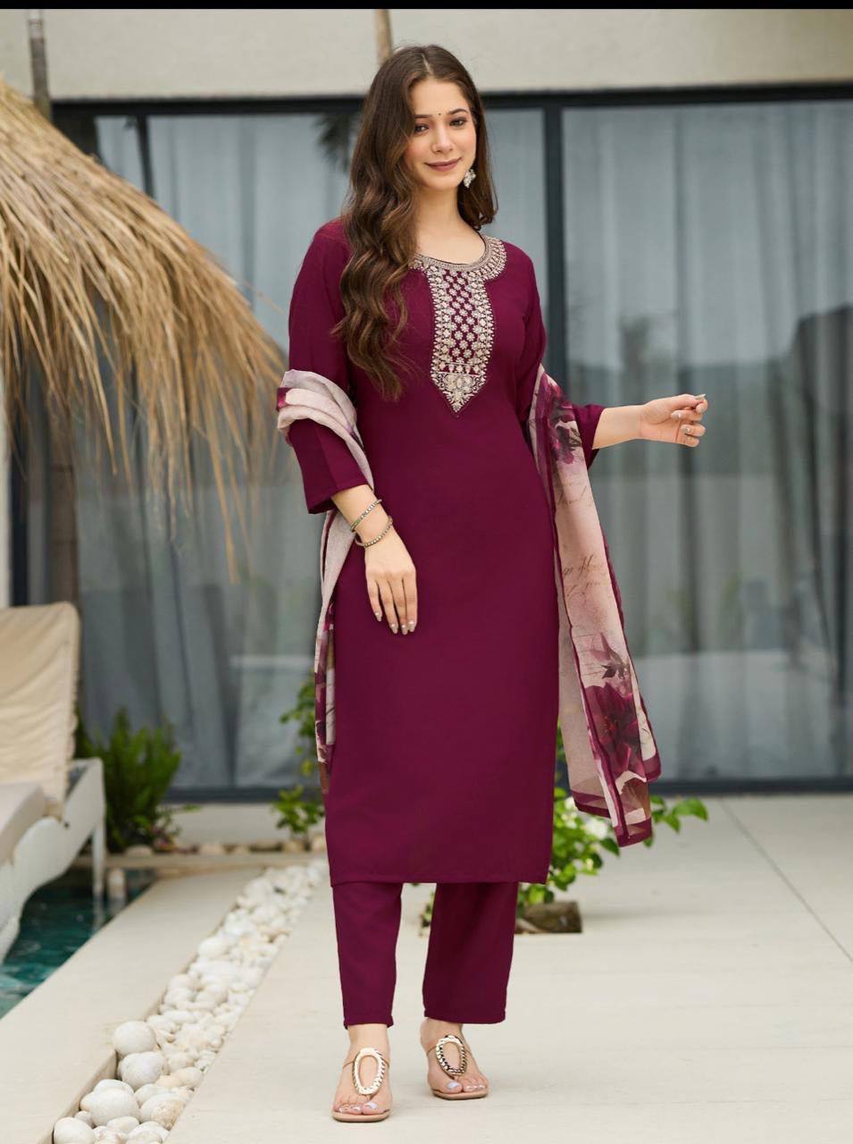 Premium Rayon Embroidered Suit Set with Tabby Silk Digital Dupatta