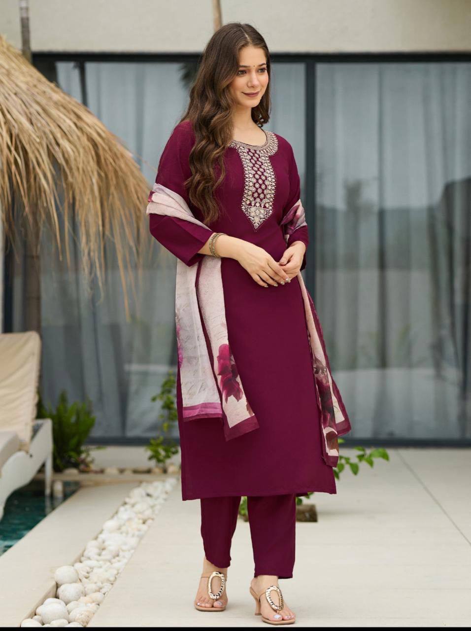 Premium Rayon Embroidered Suit Set with Tabby Silk Digital Dupatta