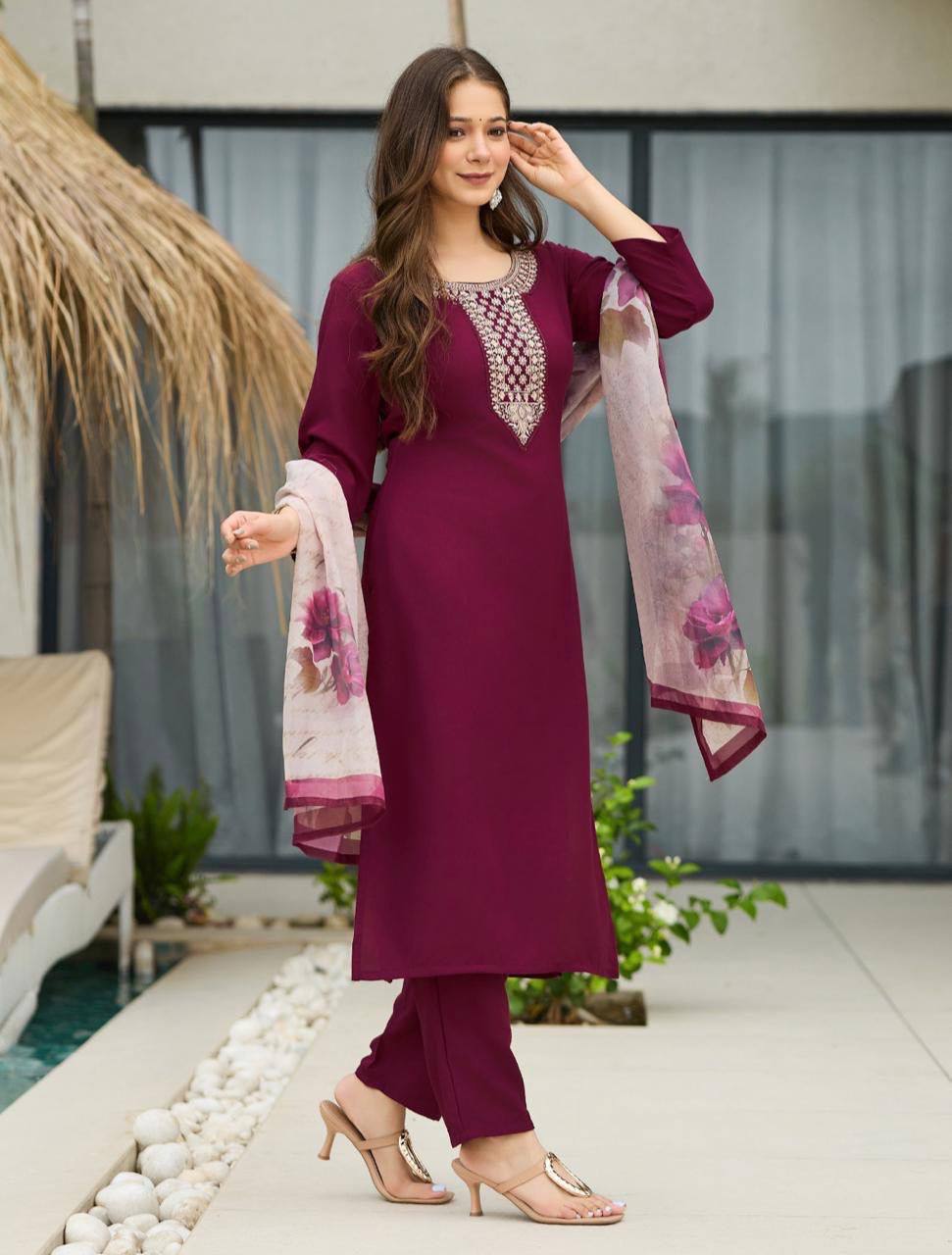 Premium Rayon Embroidered Suit Set with Tabby Silk Digital Dupatta