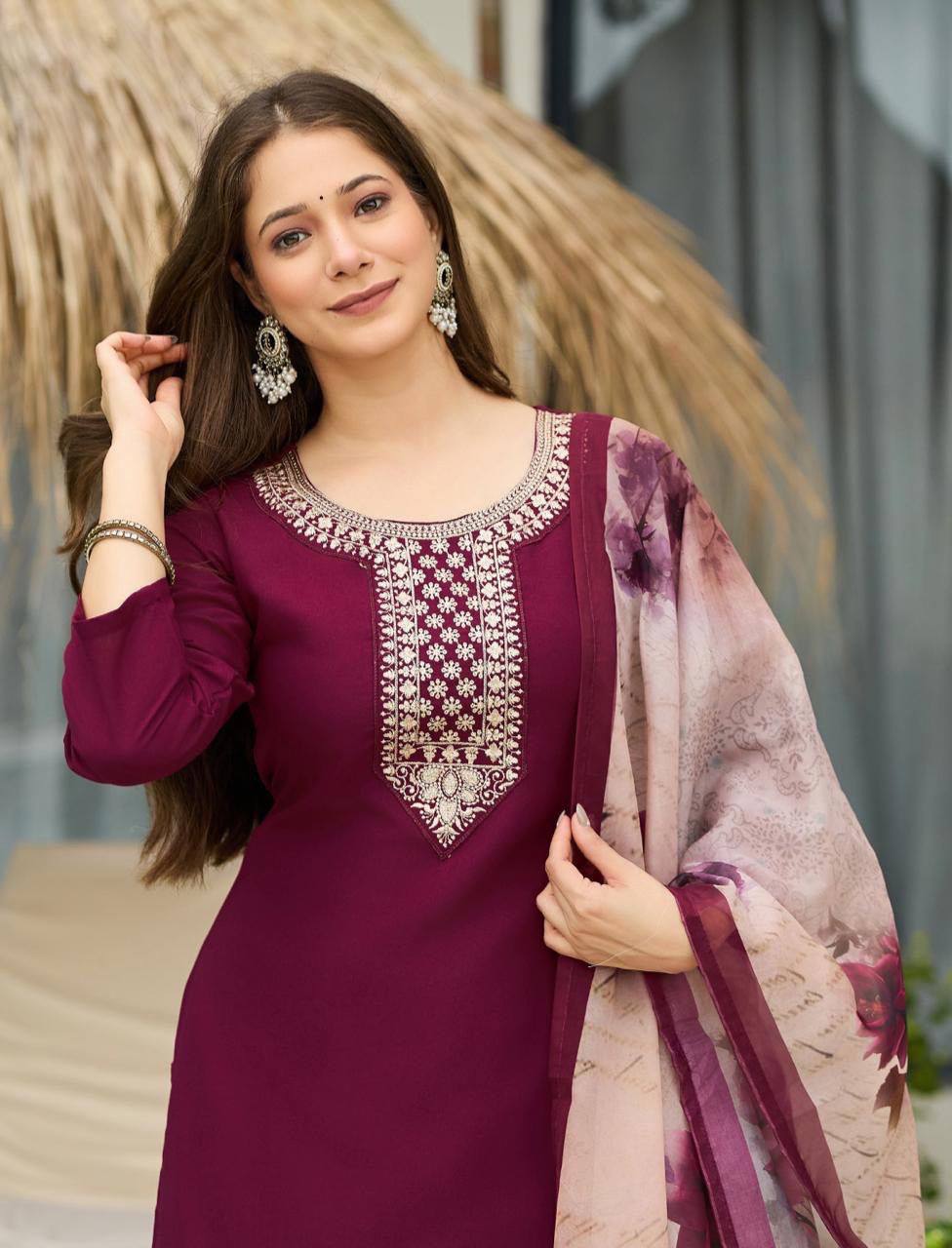 Premium Rayon Embroidered Suit Set with Tabby Silk Digital Dupatta