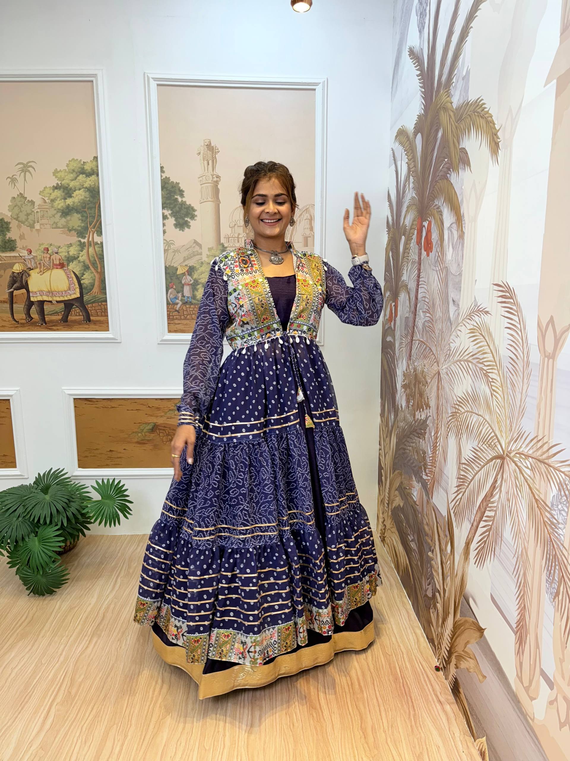 Chinon Blouse, Full Flair Lehenga & Printed Georgette