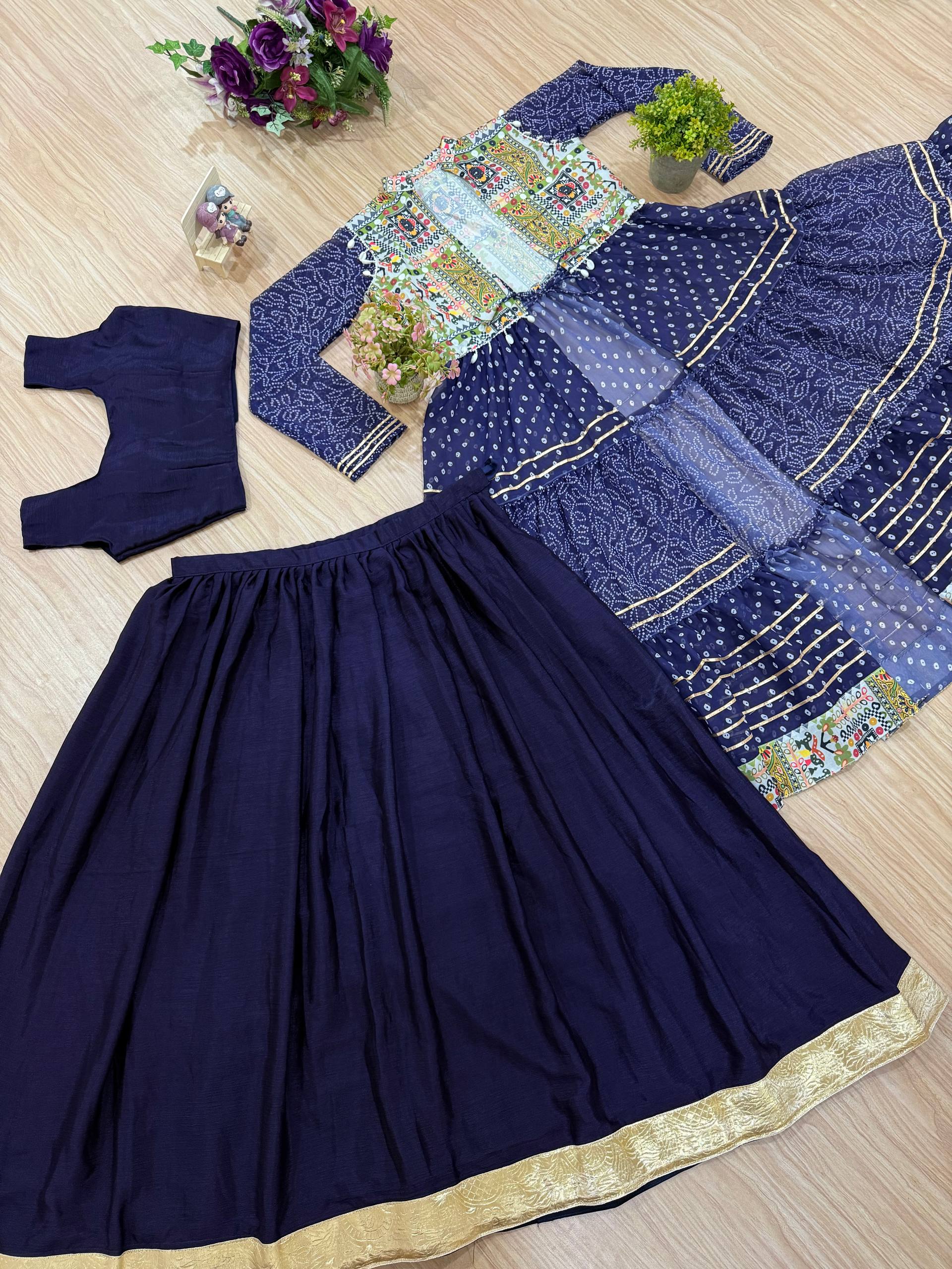 Chinon Blouse, Full Flair Lehenga & Printed Georgette