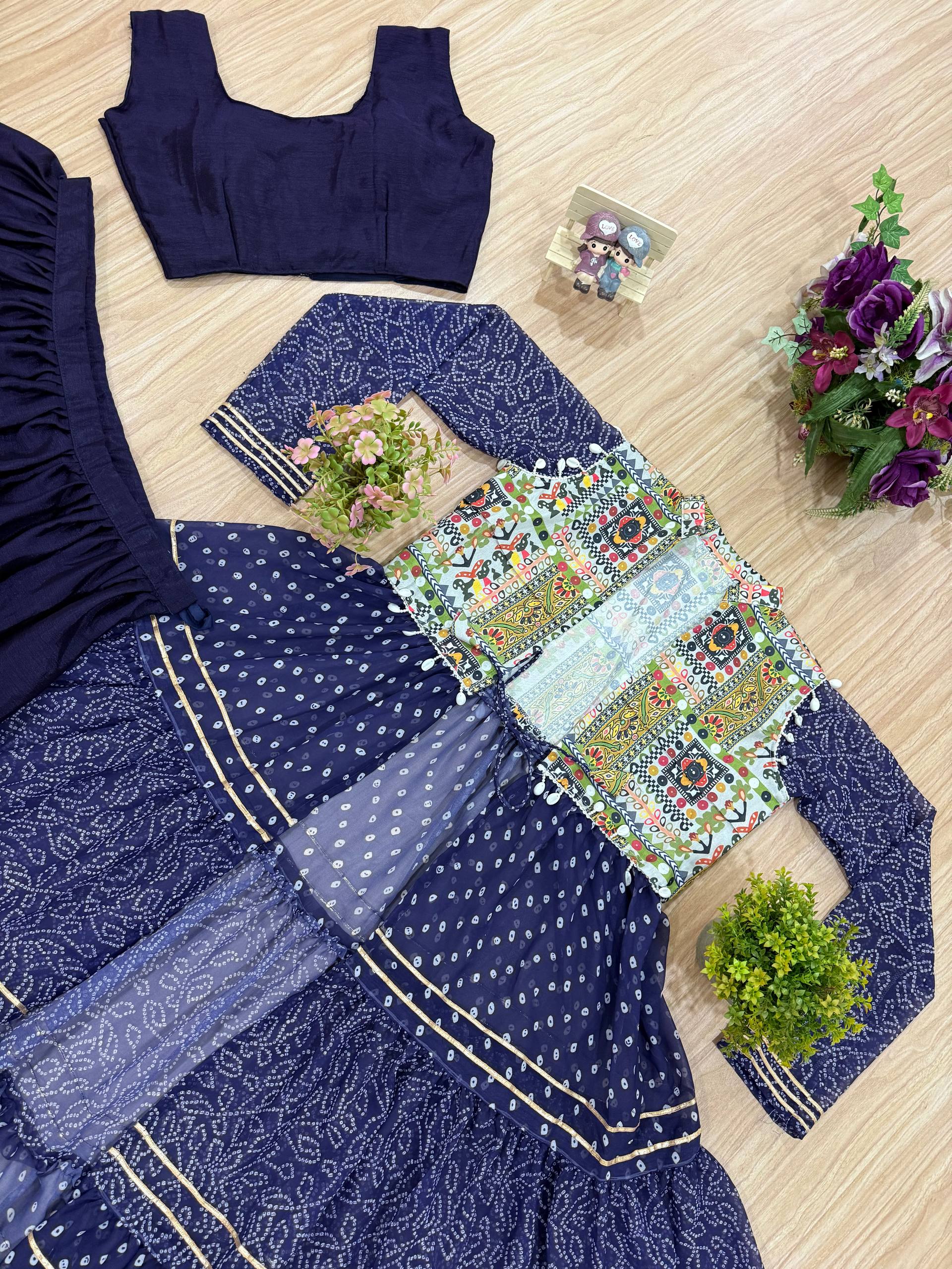 Chinon Blouse, Full Flair Lehenga & Printed Georgette