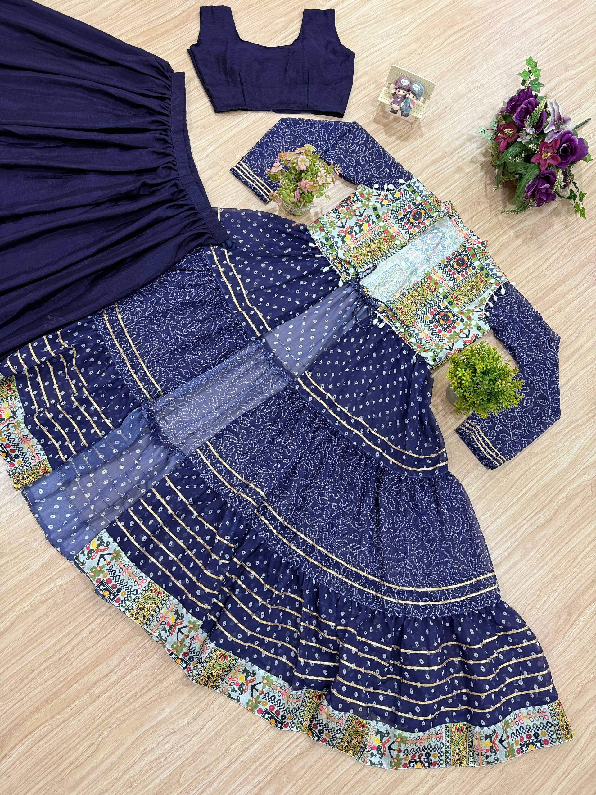 Chinon Blouse, Full Flair Lehenga & Printed Georgette