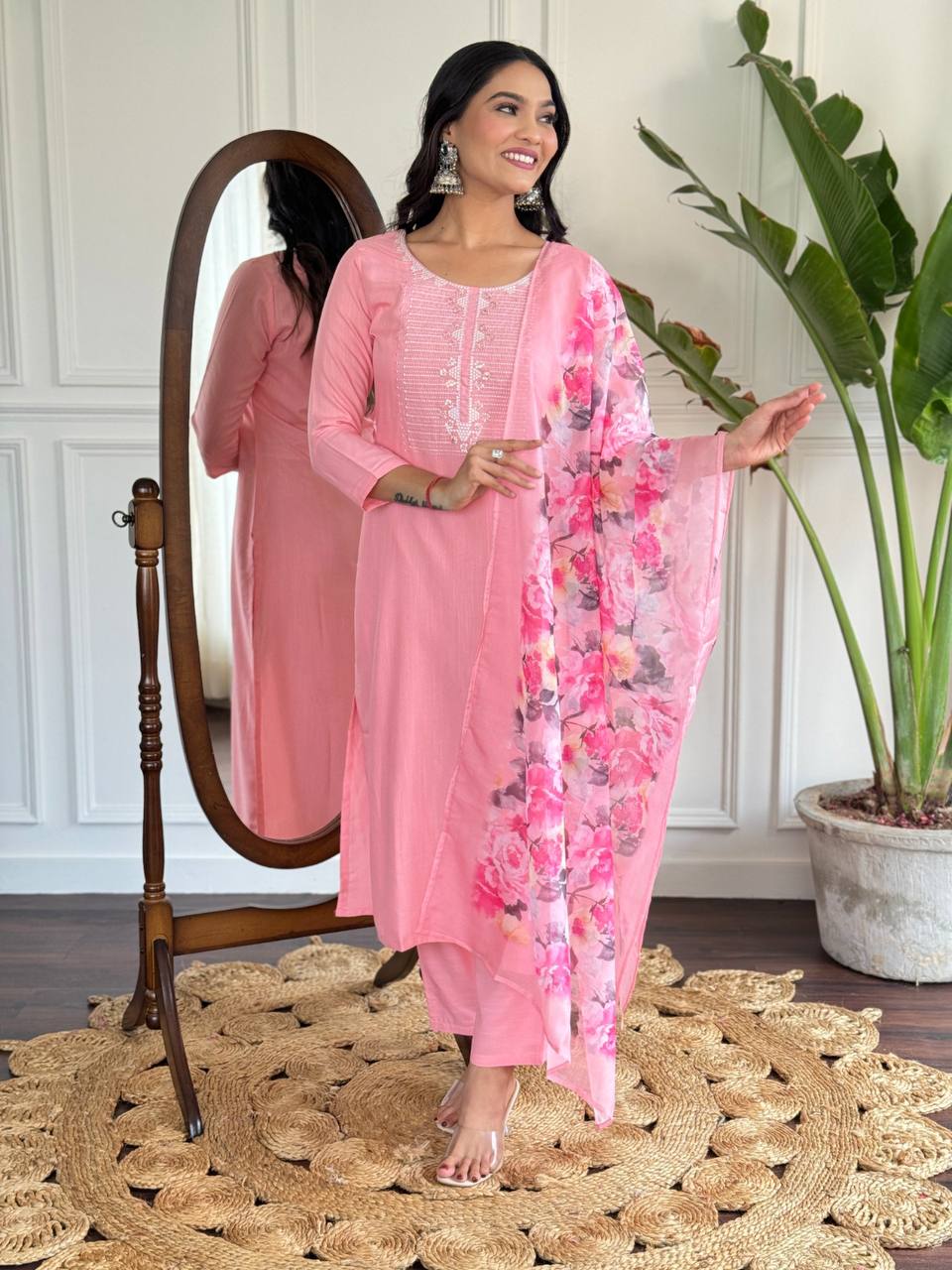 Premium Rayon Slub Embroidered Suit Set with Organza Silk Digital Floral Dupatta
