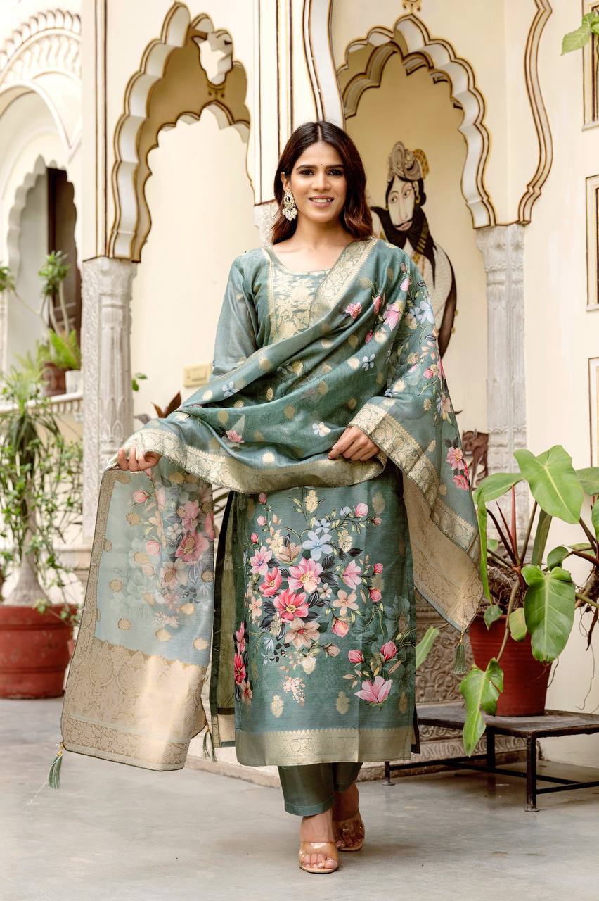 Premium Chanderi Cotton Floral Woven Suit Set with Digital Print Dupatta