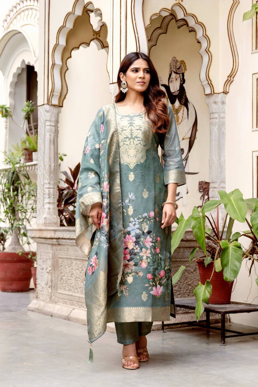 Premium Chanderi Cotton Floral Woven Suit Set with Digital Print Dupatta