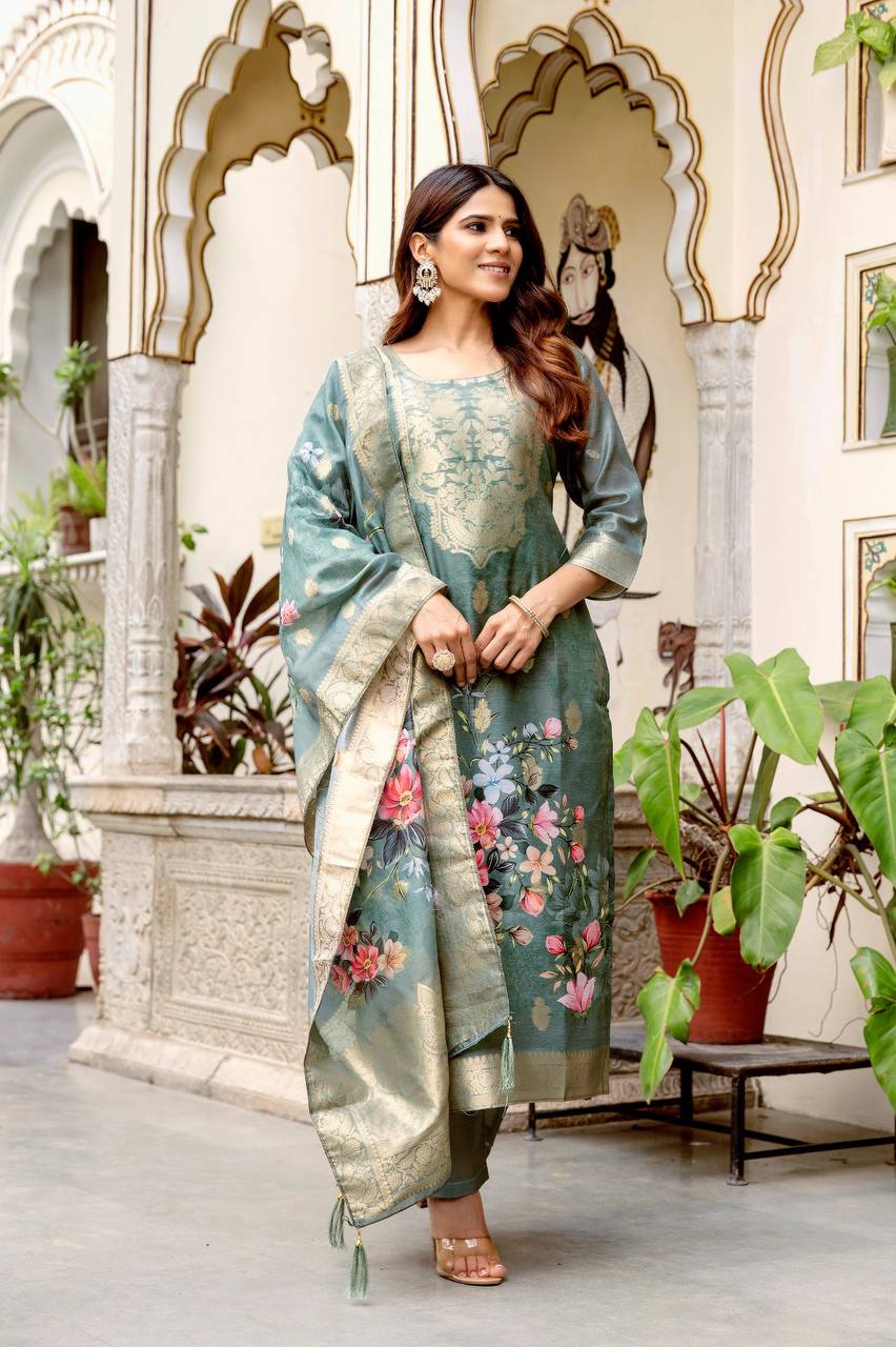 Premium Chanderi Cotton Floral Woven Suit Set with Digital Print Dupatta