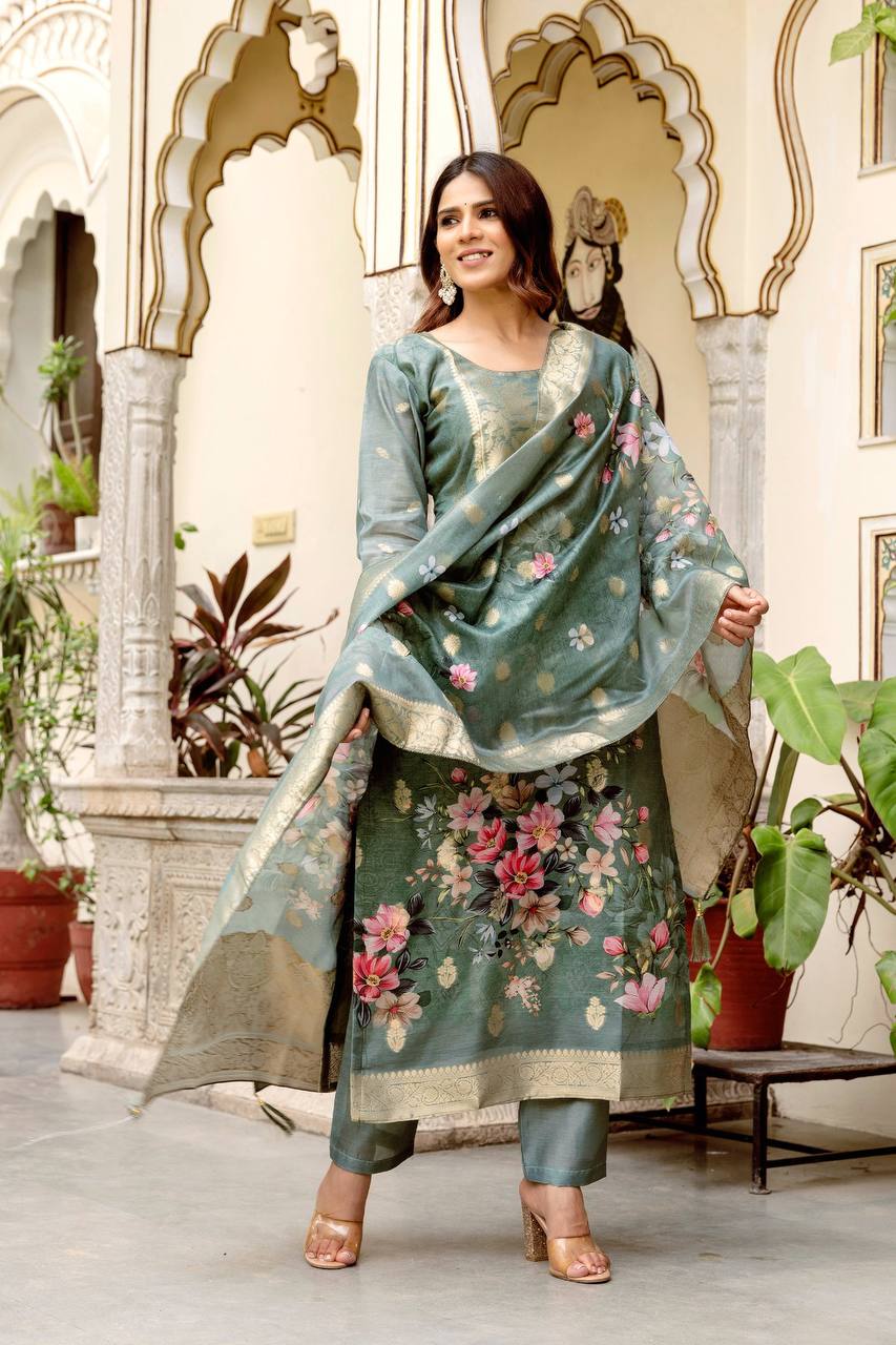 Premium Chanderi Cotton Floral Woven Suit Set with Digital Print Dupatta